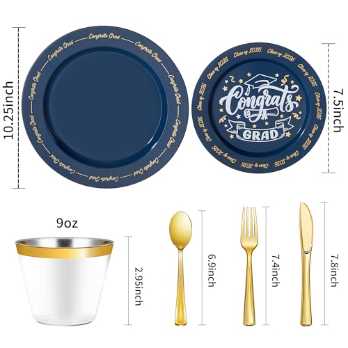Goodluck 350 Piece Graduation Navy Blue Plastic Dinnerware Set for 50 Guests, Congrats Grad Disposable Plates Include: 50 Dinner Plates, 50 Dessert Plates, 50 Cups, 50 Rolled Napkins with Silverware - color: Navy Blue, style: 350 Piece (50 guests)