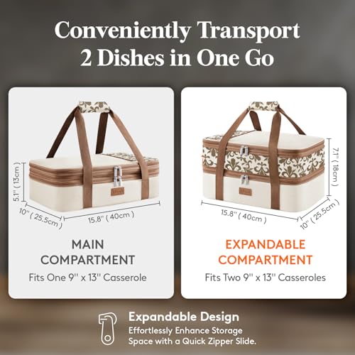 Lifewit Insulated Double Decker Casserole Carrier, Expandable Lasagna Lugger Tote Bag for Hot or Cold Food, Fits 9" x 13" Baking Dish for Potluck Parties, Picnic and Cookouts, Cream-Flowers - color: Cream-flowers