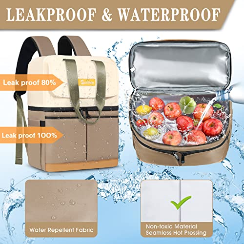 Scothen Backpack Cooler with Double Decker & 12 Ice Packs- Keeps 36 Cans Cold for Up to 24 Hours- Waterproof & Leak Proof Insulated Cooler Backpack- Stylish Cooler Bookbag for Women Travel Work Beach - color: Khaki