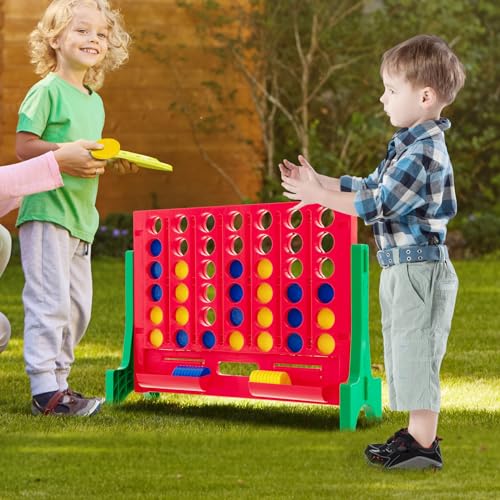 COSTWAY Giant 4-in-a-Row Game with Storage Carry Bag, Jumbo 4-to-Score Game with Chess, Quick Release Slider for Kids Adults, Indoor Outdoor Backyard, Free-Standing/Wall-mounting (Red&Green) - color: Red&green