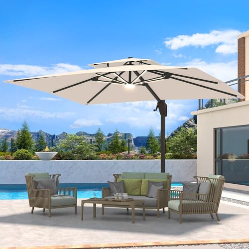 10 X 13 FT Cantilever Patio Umbrella with LED Lights Outdoor Heavy Duty Double Top Windproof Rectangle Offset Umbrellas with 360-degree Rotation for Pool Deck Backyard, Beige - color: Beige, size: 10' X13'-Weighted Base Not Included