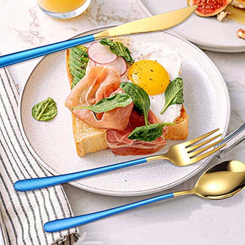 AARAINBOW 6 Pieces 18/8 Stainless Steel Flatware Set Portable Reusable Cutlery Set Travel Utensils Set Including Chopsticks Knife Fork Spoon Straws Cleaning Brush Dishwasher Safe (Blue golden) - color: Blue golden