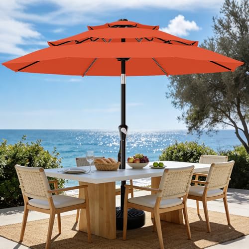 AreShark 9ft 3-Tier Patio Umbrellas, Outdoor Umbrella with 8 Sturdy Ribs UV Protection Windproof, Market Table Umbrella w/Push Button Tilt & Crank for Pool, Porch, Deck, Garden(Orange) - color: Orange