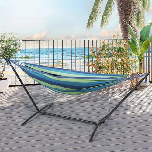 Athena Collection Double Hammock with Stand for Outside, Heavy-Duty Steel Stand 250 Lbs Weight Capacity, Portable Outdoor Hammock Swing with Carry Bag for Indoor, Outdoor, Backyard, Blue Green - color: Blue Green