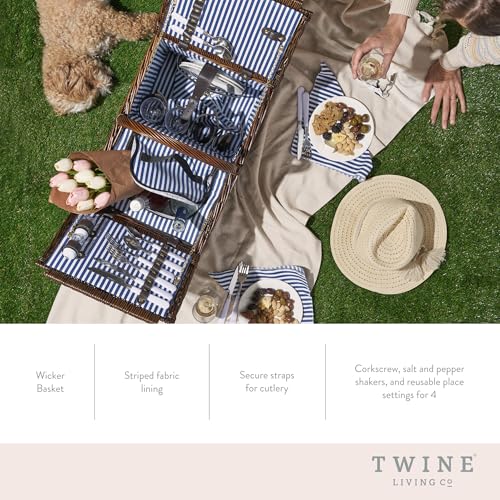 Twine Cape Cod Wicker Basket with Insulated Compartments, Service for 4 – Includes Silverware, Plates, Napkins, Wine Glasses, Shakers, and Corkscrew, Perfect for Picnic, Outdoor Party - style: Cape Cod Picnic Basket