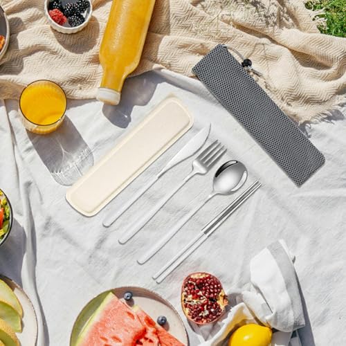 Travel Utensils With Case, 6Pcs Forks Spoons Knife Chopsticks Reusable Cutlery Set, Stainless Steel Flatware Set, Portable Silverware for Camping Picnic Work School, Dishwasher Safe (Silver) - color: Silver