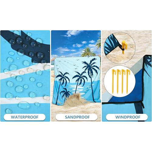 HIHOHO Beach Blanket Waterproof Sandproof Extra Large Beach Mat 79" X 83"/120"x108"for 1-8 Adults Quick Drying Durable Outdoor Picnic Mat for Beach Travel Camping Hiking - color: Coconut Tree - Blue Sky, size: 79" X 83"（1~3 person）