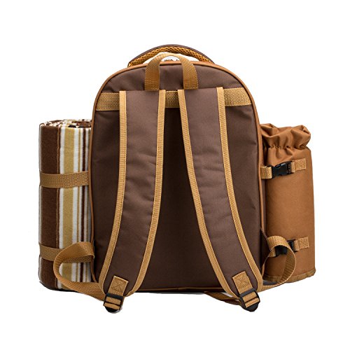 apollo walker Picnic Backpack Bag for 2 Person with Cooler Compartment, Detachable Bottle/Wine Holder, Fleece Blanket, Plates and Cutlery(2 Person, Brown) - color: Brown, size: 2 Person