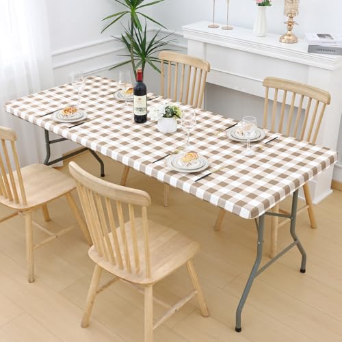 Smiry Picnic Table Cloth 2 Pack, Waterproof Elastic Fitted Tablecloths for 18x72 Rectangle Tables, Washable Polyester Buffalo Plaid Tablecloth for Camping, Dining & Outdoor (Khaki & White, 18" x 72") - color: Khaki and White, size: 18" x 72"
