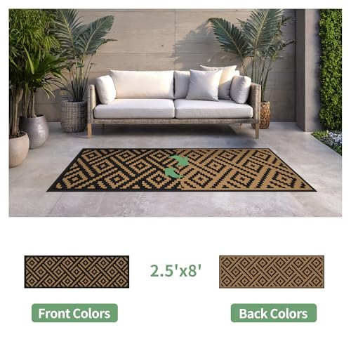 sarben Outdoor Rug for Patio - Waterproof Plastic Straw Camping Rugs 2.5x8 ft, Reversible Outdoor Indoor RV Mat Carpet for Patio, Porch, Deck, Balcony, Picnic, Beach, Black Brown - color: Black&brown, size: 2'6" x 8' (Rectangular)