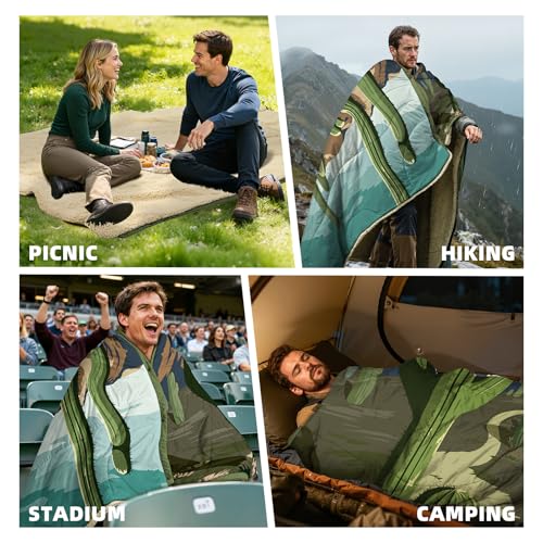 Outdoor Camping Blanket with Sherpa Lining, Extra Warm Thick Camp Blankets and Puffy Ultralight Soft Poncho DWR Camping Quilt for Cold Weather, Adventure, Sleeping, Backpacking 78"x 56" - color: Cactus Green, size: 78 x 56 inches