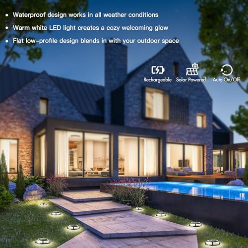 Solar Ground Lights, Outdoor Solar Deck Light, Flat Disc Lights, Waterproof Landscape Light for Garden Lawn Yard Fence Pathway - Durable Aluminum Frame with a Sturdy Metal Stake