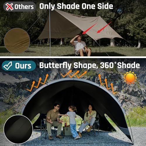 Blackout Camping Canopy Waterproof Tent Tarp with Poles Sun Shade Shelter for Outdoor Camping Backyard Picnic, Included Guy Lines & Luminous Tent Stakes, Gray