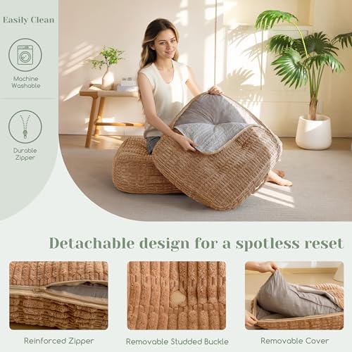 8" Washable Floor Pillow Cushion for Adults, Meditation Cushion Pillow, Removable Tufted Blended Corduroy Cover, Large Square Floor Sitting for Tatami Living Room or Yoga, 2Pack, Machine Washable - color: Square Coffee, size: 8" Thick(pack of 2)