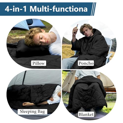 Camping Outdoor Blanket, Ultralight Down Alternative Printed Travel Camp Blankets for Sleeping Packable Waterproof Puffy Quilt for Hammock Picnic Stadium Beach Cold Weather (Black Blanket Poncho) - color: Black Blanket Poncho