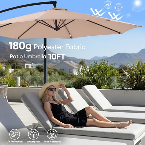 NEWBULIG 10FT Patio Umbrella, Offset Cantilever Outdoor Patio Table Umbrella, UV Protection, Fade Resistant Fabric, Easy Tilt Adjustment for Pool, Deck, Garden, Backyard - color: Khaki, size: 10FT-with 4 Bases