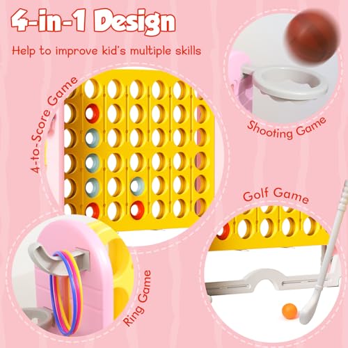 Ancaixin Giant 4 in-A-Row Connect Game Set, Adjustable Height Jumbo Yard Game with Basketball Hoop, Golf, Mesh Pocket & Ring Toss, Indoor Outdoor Family Backyard Party Game for Kids and Adults, Yellow - color: Yellow
