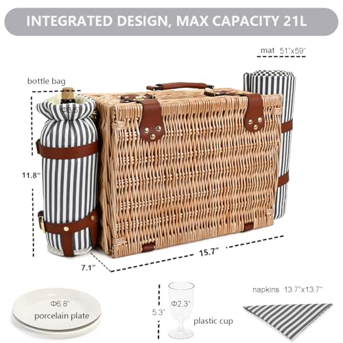 Picnic Basket with Blanket and Wine Pouch for 4, Wicker Picnic Set with Insulated Liner Cooler Bag Hamper for Camping,Wedding - Stripes - color: Stripes With Blanket for 4