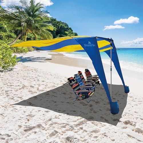 Shark FIN Shade Beach Tent Wind Sun Canopy Portable Easy Set Up UPF 50+ No Assembly Required 3-30 MPH - 1 to 8 People - Tie Downs Included - 2 Sizes Large 9' X 10' & Giant 13.5' X 10' PATENTS Pending - color: XL Blue and Yellow