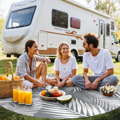 GENIMO Outdoor Rug 10' Round Waterproof for Patios Clearance, Reversible Outdoor Plastic Straw Camping Rug Carpet, Large Area Rugs Mats for RV, Camper, Deck, Balcony, Porch, Beach, Picnic, Grey&White - color: Grey & White | Waterproof, size: 10' (Round)