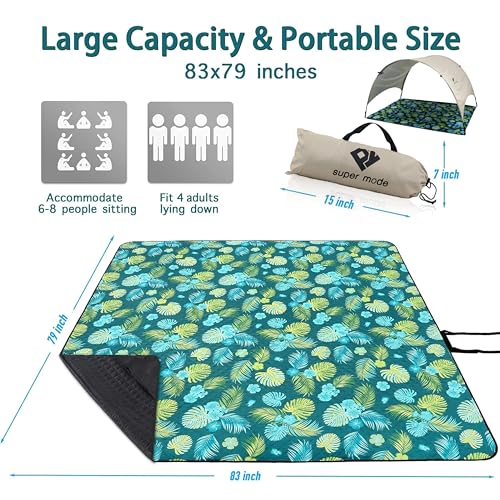PY SUPER MODE Picnic Blankets Extra Large with Pergola, Green Flowers Waterproof Foldable Outdoor Beach Blanket Oversized 83x79” Sandproof, 3-Layer Picnic Mat for Camping, Hiking, Travel, Park - color: Green