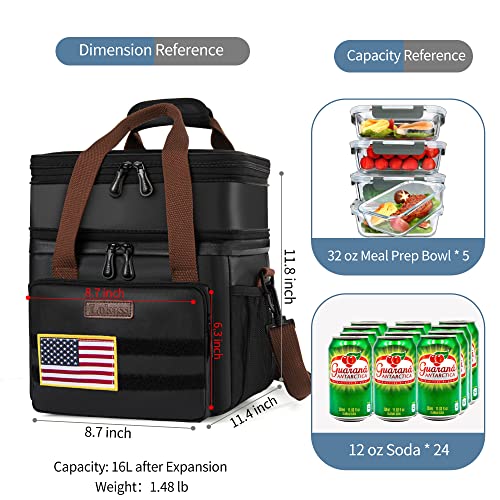 Tactical Lunch Box for Men- Large Insulated Lunch Bag-Expandable Adult Lunch Box with Adjustable Shoulder Strap-Large Lunch Tote Bag for Work Camping Fishing (Black-Leather) - color: Deep Black