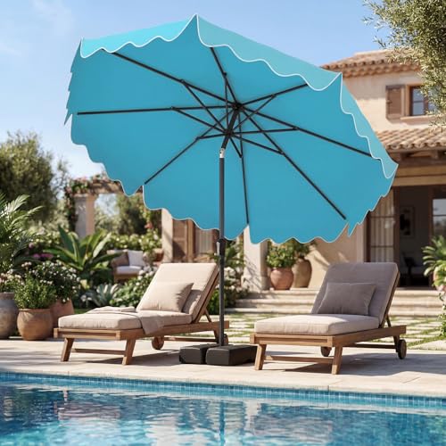 Tangkula 9 FT Patio Umbrella with Base Included, 2-Tiers Outdoor Scalloped Table Umbrella with 2 Sandbags, Tilt Adjustment, Crank, 8 Ribs for Market Backyard Pool Deck Beach Lawn - color: Blue, size: 9 FT