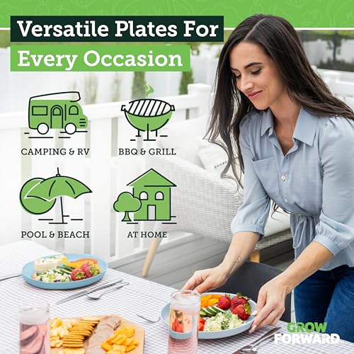Grow Forward Premium Wheat Straw Plates - 10 Inch Reusable Hard Plastic Dinner Plates Set of 8 - Unbreakable Microwave Safe Plates for Dessert, Camping, RV, Outdoors, Patio, Kitchen Dishes - Seascape - color: Seascape, size: 10 inch