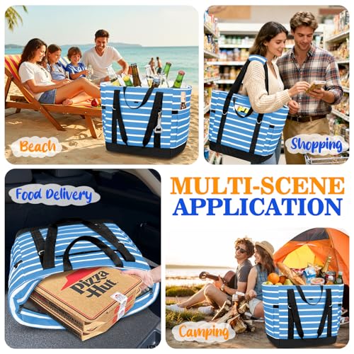 HUANLANG Soft Cooler Bag Insulated for Travel,Large Insulated Grocery Bags with Zippered Top,PEVA Collapsible Food Delivery Cooler Bag for Beach, Travel, Picnics - color: Blue and white stripes
