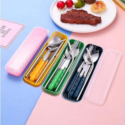 4 Colors Portable Travel Utensils with Case, Reusable Stainless Steel Cutlery Include Knife Fork Spoon Straw for Travel Camping Office