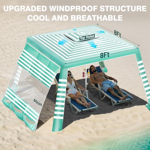 Rhino Valley Beach Cabana, 8 * 8FT Beach Tent UPF50+ Protection, Easy Setup Beach Canopy Wind Resistant with Cup Holder, Compact Beach Shade Foldable Beach Tent Sun Shelter, Green White - color: Green White