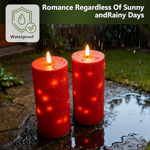 kakoya 10" x 4" Large Outdoor Waterproof Flickering Flameless Candles with Timer,2Pcs Battery Operated LED Pillar Candles with Embedded Star String for Outdoor Lanterns,Porch,Patio Decor(red) - color: Red, size: 2PCS-D4"xH10"