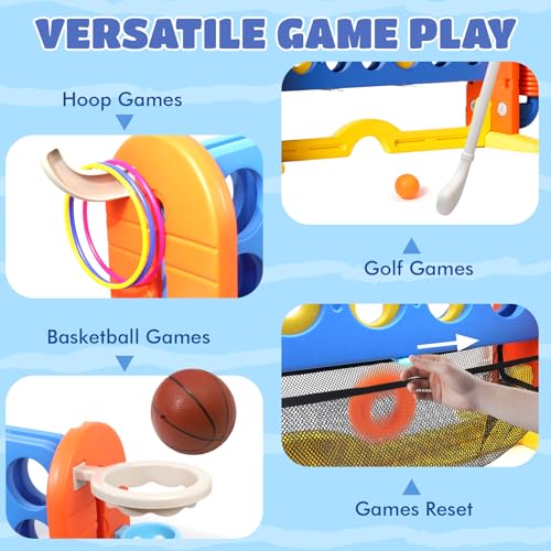 Giant 4-in-A-Row Connect Game Set, Adjustable Height Jumbo Yard Game with Golf, Basketball Hoop, Ring Toss & Mesh Pocket, Indoor & Outdoor Yard Connect Game for Kids Adults Family - color: Blue