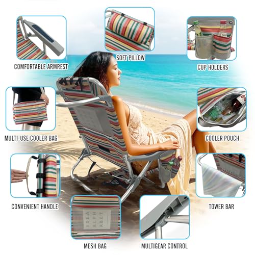 Backpack Beach Chair Aluminum 2 Pack with Folding Camping Table 5-Position Lay Flat Lounge Chair Outdoor for Adults with Insulated Cooler Bag and Cup Holder - color: Red, size: 2 PACK