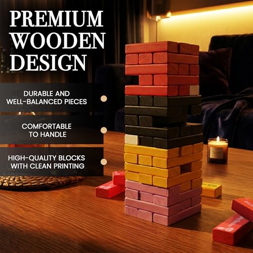 Risk or Drink - Naughty Wooden Block Tower Game for Couples, Freak or Drink 54 Challenges + Blindfold & Dice, Date Night Dares, Do or Drink, Valentine's Day