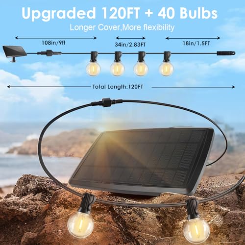 Yusist 120FT Solar String Lights Outdoor Waterproof with Remote, G40 Solar Powered String Lights with 40+2 LED Shatterproof Bulbs, Dimmable Solar Patio Hanging Lights for Outside Backyard Party - size: 120FT