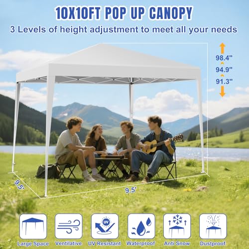 Yesker 10x10 Pop Up Canopy Tent UPF 50+ Waterproof Outdoor Canopy Portable Folding Easy Setup Gazebo Adjustable Height Instant Sun Shade Tent with Wheeled Bag for Events Parties Camping Patio, White - size: 10x10FT White