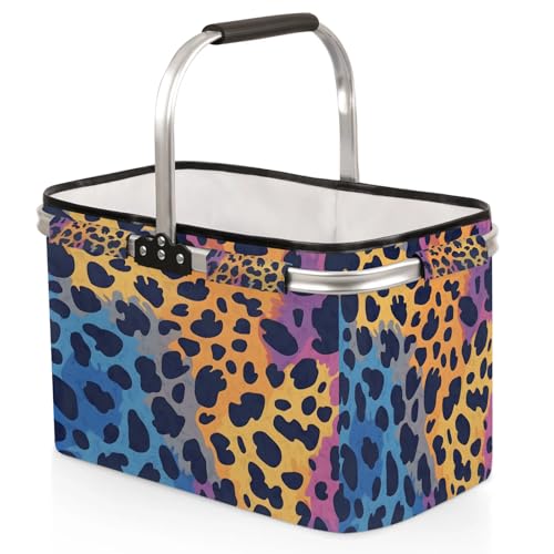 Colorful Leopard Printed Picnic Basket Large Collapsible Market Baskets Portable Reuasble Shopping Bags with Handles for Camping Beach Travel - color: Pink
