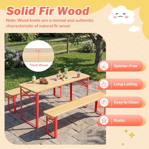 Costzon Kids Picnic Table, 43.5 Inch Folding Picnic Table with 2 Benches, Fir Wood Top & Metal Frame, No Assembly 3-Piece Portable Kids Indoor/Outdoor Furniture for Patio Backyard Daycare (Red) - color: Red