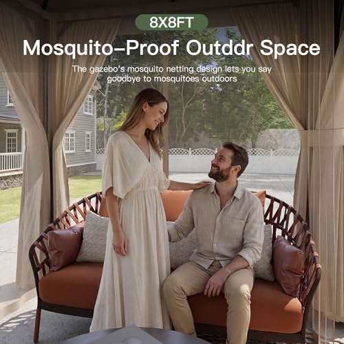 AOXUN Outdoor Gazebo for Patio 8x8 Metal Frame Canopy with Double Roofs Heavy Duty Party Tent and Shelter with Mosquito Netting and Privacy Screen for Backyard, Lawn, Garden, Deck (Khaki) - color: Khaki, size: 8 X 8