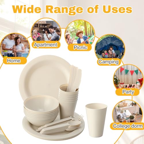 LemonRoad 6 Set College Dorm Dishes Essential Kit, Plates and Bowls Back to School Beige Room Dishes Set with Storage Mesh Bag Cup, Microwave Dinnerware Picnic for RV Camping