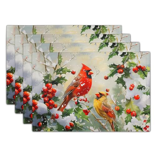 Birds Christmas Placemats Set of 4, 12x18 Inch Winter Xmas Tree Branches Red Berries Washable Reusable Linen Fabric Place Mats for Farmhouse Kitchen Dining Party Table Decoration - color: Winer Birds Berry