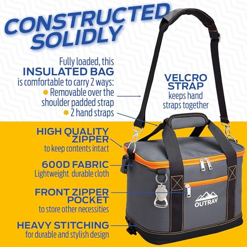 Collapsible Insulated Cooler Bag – 6L Thermal Lunch Bag with Bottle Opener, 16 Can Capacity – Perfect For Camping, Picnics and Travel - Handles and Removable Shoulder Strap - By Outrav - color: Grey with Orange Trim
