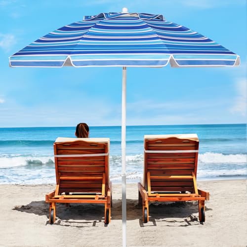 Aoxun Beach Umbrella with Tilt Pole, Portable Sand Anchor and Carry Bag, UPF 50+ Sun Shelter Air Vents Design for Outdoor (Navy Blue & White), 7ft - color: Stripe Blue, size: 7ft