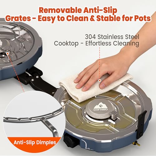 Cofiyard 20,000 BTUs 2 Burner Propane Camping Stove, Portable Folding Camp Stove with Adjustable Burners, Built-in Ignition and Carrying Bag, Dual Gas Stoves for Tailgating, Camping, BBQ Overland Grey - color: Overland Grey