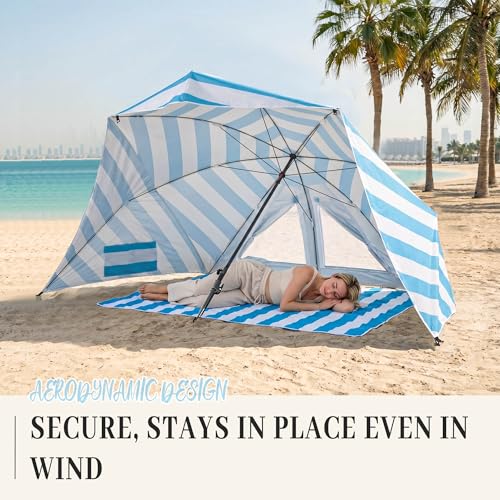 UPWELL Beach Tent Easy Set Up Canopy Sun Shelter Shade with UPF 50+UV Protection Portable Beach Umbrella Outdoor Sunwall with Sand Pockets for Fishing Backyard Camping(Sea Salt Stripe) - color: Sea Salt Stripe