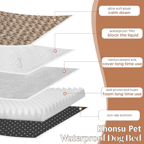 KHONSU PET Dog Bed Mat Plush 3.5in Orthopedic Pad for Large Dogs up to 90 lbs Waterproof Removable Cover Machine Washable for Extra Large Dogs - color: Light Brown, size: XL