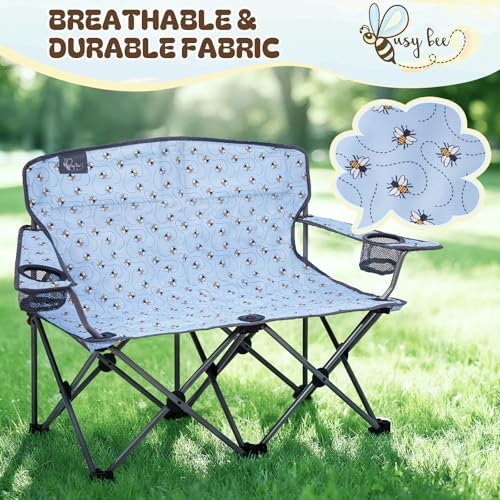 Busy Bee Oversized Kids Camping Chair with Cup Holder, High Back Toddler Chair Kids Folding Chair, Perfect for Beach & Outdoor, Supports 150 Lbs. - color: Print Bee Blue, style: Double Chair