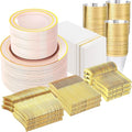 GATHER 700PCS Pink Plastic Plates - Gold Rim Disposable Plastic Dinnerware Set Include 200 Pink Plates, 300 Silverware, 100 Napkins, 100 Cups for Party & Wedding & Mother's Day - color: Pink, size: 100 Guests