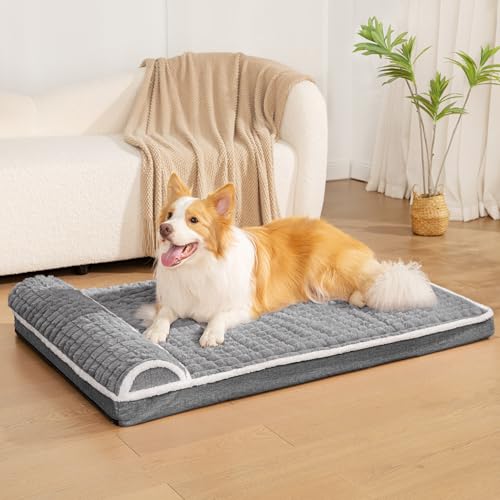 Orthopedic XL Dog Bed Large Sized Dog with Pillow 42''X28'', Waterproof Soft Comfortable Egg Crate Foam Pet Crate Beds Mat with Removable Washable Cover and Non-Slip Bottom, Grey - color: Grey, size: 42"l X 28"w X 3.5"th